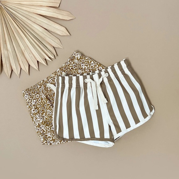 Rylee + Cru Swim Trunk Olive Stripe Green Drawstring Shorts - Picture 3 of 3